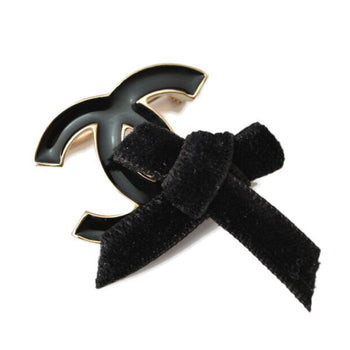 Chanel Brooch Pin Here Mark Ribbon Motif Gold Black