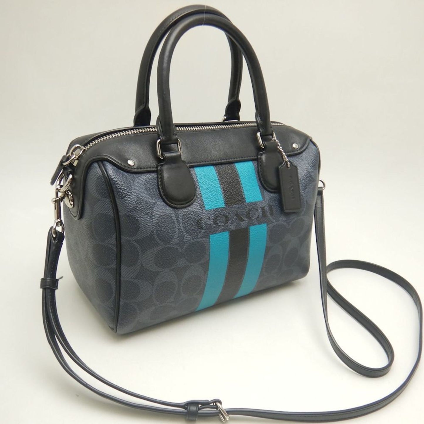 Coach Varsity Mini Bennett Satchel Signature Stripe F38401 Handbag In Black And Turquoise Leather