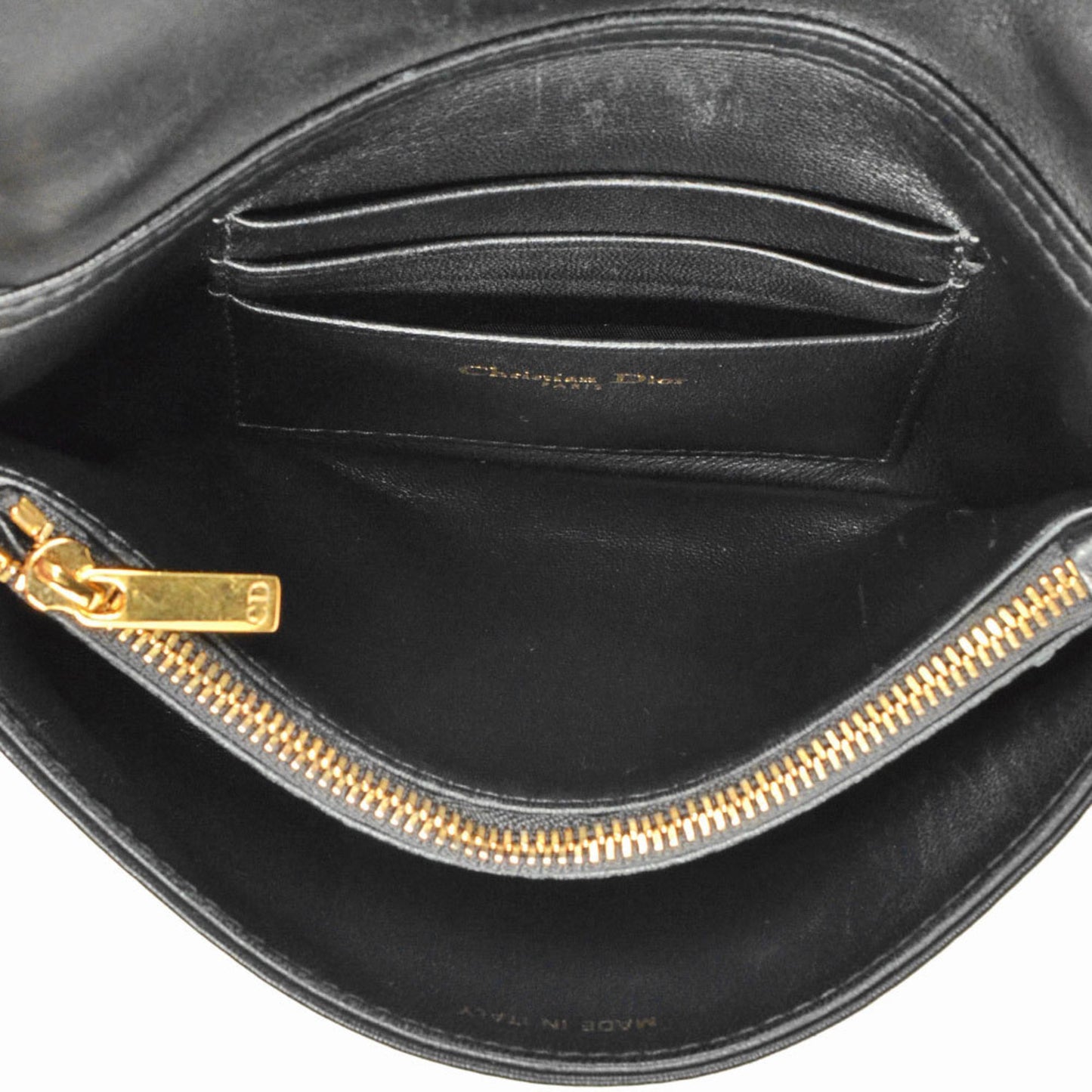 Christian Dior Dior Caro Macrocannage Chain Shoulder Wallet Leather Black