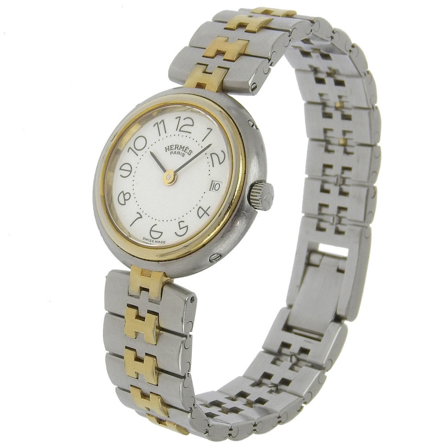 Hermes Hermes Profile Date Watch Stainless Steel X Gold Plated Quartz Analog Display White Dial