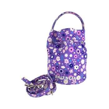 Balenciaga Drawstring Bucket Bag Flower Purple Multicolor Silver Hardware Ikat Nylon Canvas 656682