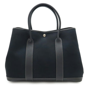 Hermes Garden Pm Tote Bag Handbag Toile Officier Canvas Leather Black