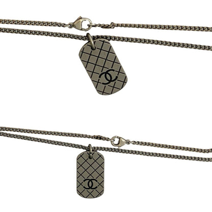 Chanel Coco Mark Plate Motif Metal Chain Necklace Pendant In Dark Silver