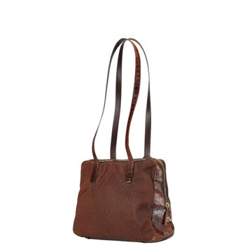 Prada Triangle Logo Plate Handbag Shoulder Bag Brown Nylon Leather