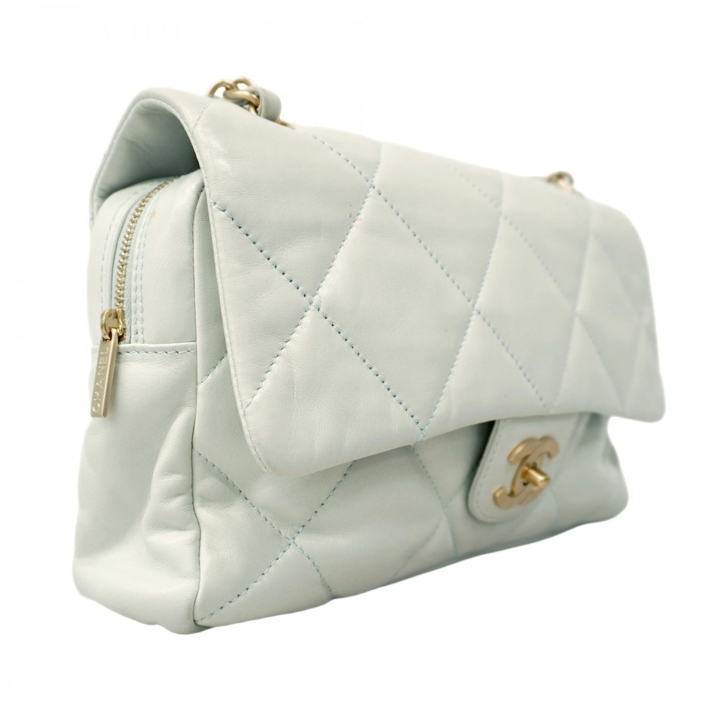 Chanel Shoulder Bag Matelasse W Chain Lambskin Blue Champagne