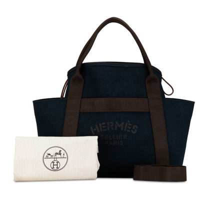 Hermes Sac De Pansage Groom Tote Bag Shoulder Navy Brown Canvas