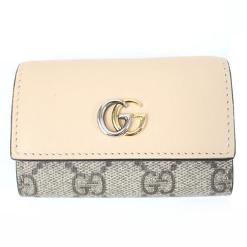 Gucci 795649 Double G Key Case In Beige Leather And Gg Supreme Canvas