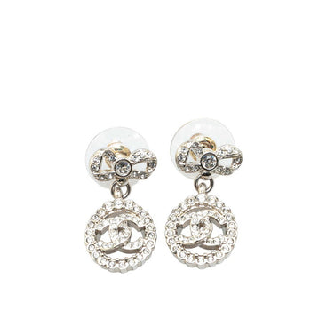 Chanel Coco Mark Ribbon Motif Rhinestone Stud Earrings In Silver Metal
