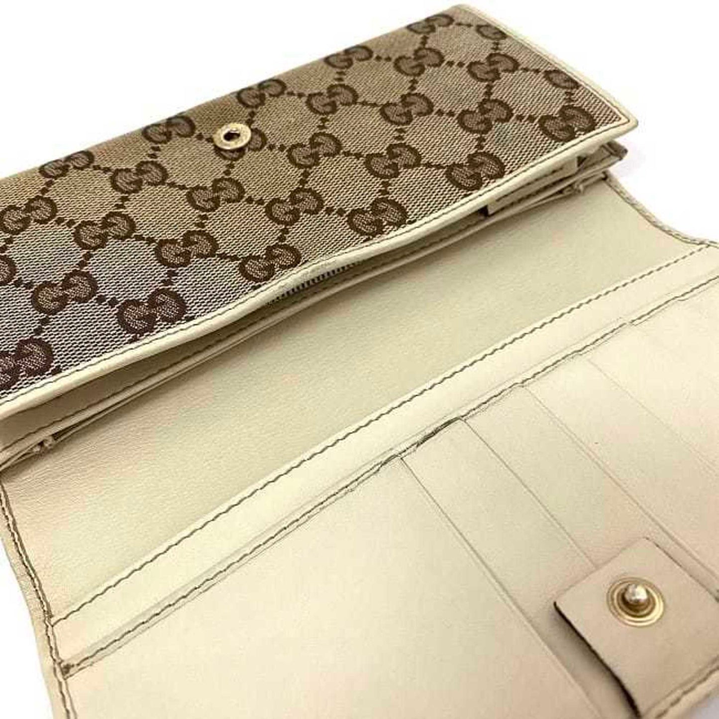Gucci Bifold Long Wallet Beige White Brown Gold New Bullitt 204836 Gg Canvas Leather Gucci