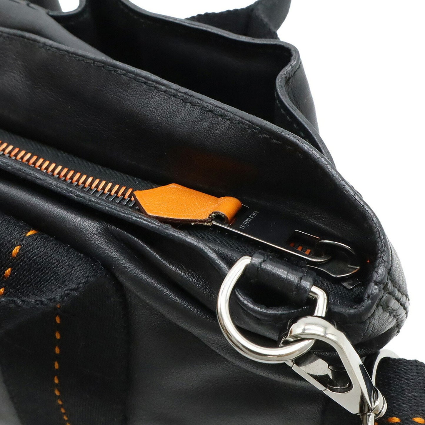 Hermes Caravan Horizontal Pm Tote Bag Shoulder Veauderma Leather Black Orange