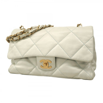 Chanel Shoulder Bag Matelasse W Chain Lambskin Blue Champagne
