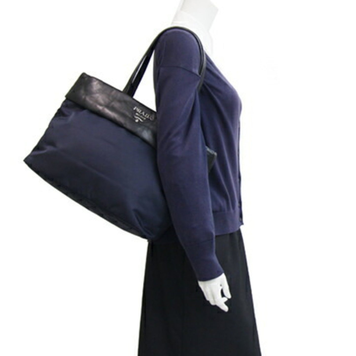 Prada Tote Bag 1Bg225 Navy Black Nylon Leather Shoulder