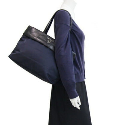 Prada Tote Bag 1Bg225 Navy Black Nylon Leather Shoulder