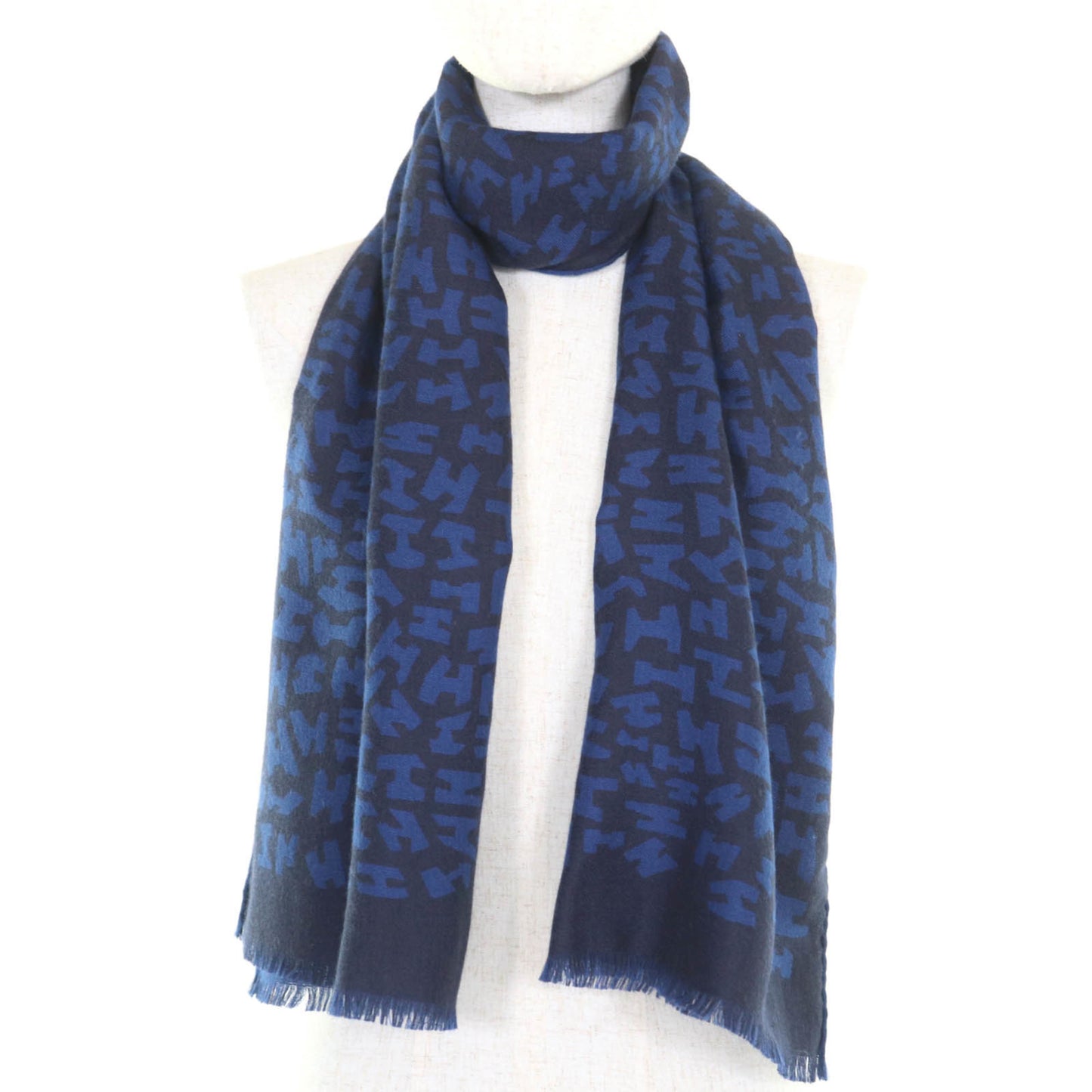 Hermes Cashmere And Silk Blend H Logo All-Over Print Mini Fringe Stole/Scarf/Shawl In Navy Black