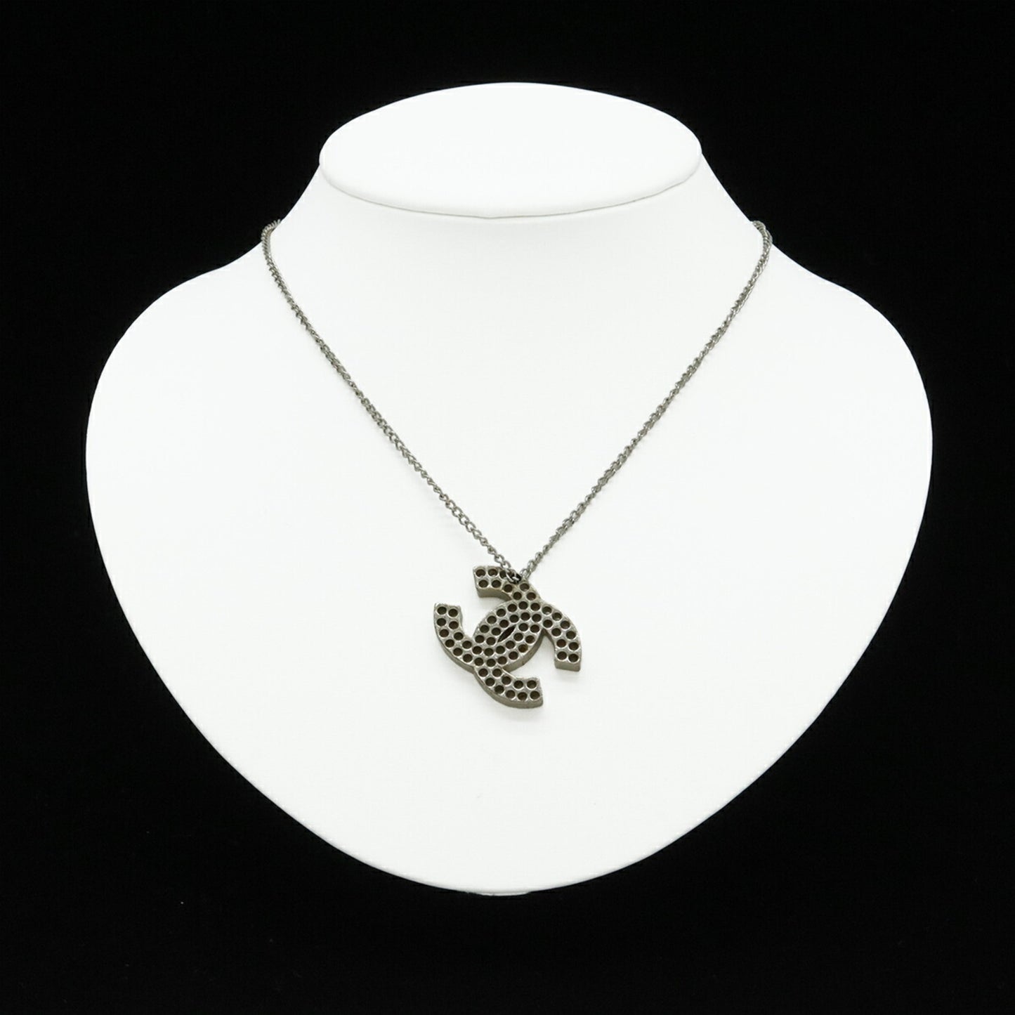 Chanel Coco Mark Punching Necklace Pendant Metal Silver 03 P