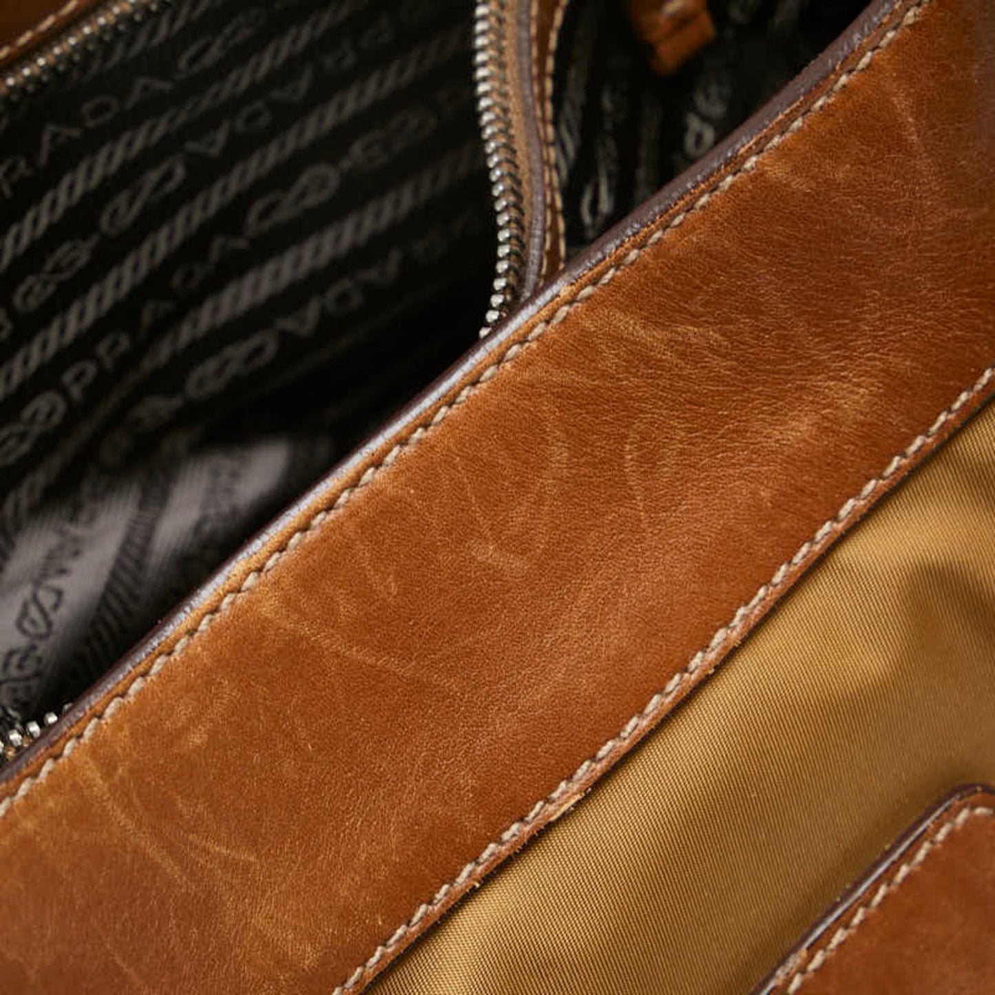 Prada Triangle Logo Plate Handbag Shoulder Bag Brown Nylon Leather