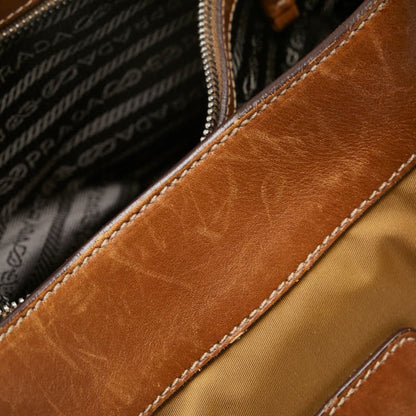 Prada Triangle Logo Plate Handbag Shoulder Bag Brown Nylon Leather