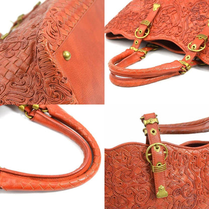 Bottega Veneta Intrecciato Leather Handbag In Orange Brown And Gold