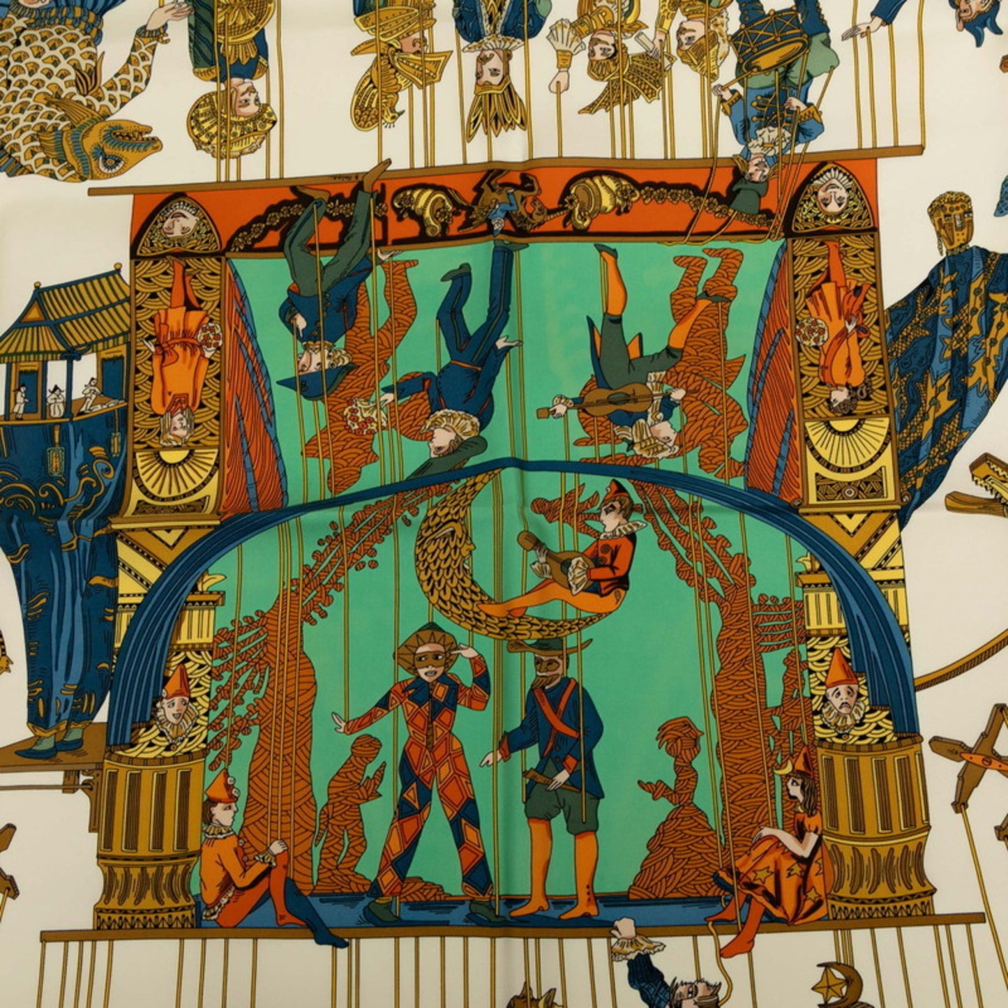 Hermes Herms Carr 90 "Le Temps Des Marionnettes" Marionette Time Scarf/Muffler In Green