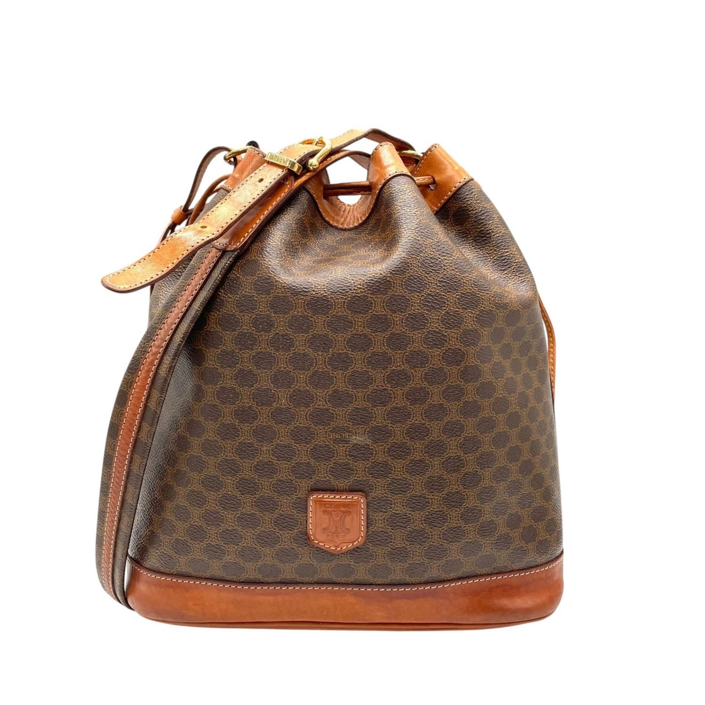 Celine Triomphe Drawstring Shoulder Bag M90 Macadam Pattern Vintage Gold Hardware