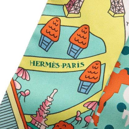Herms Twilly "Les Nouveaux Amoureux De Paris" New Paris Lovers Scarf/Muffler Green Multicolor Silk