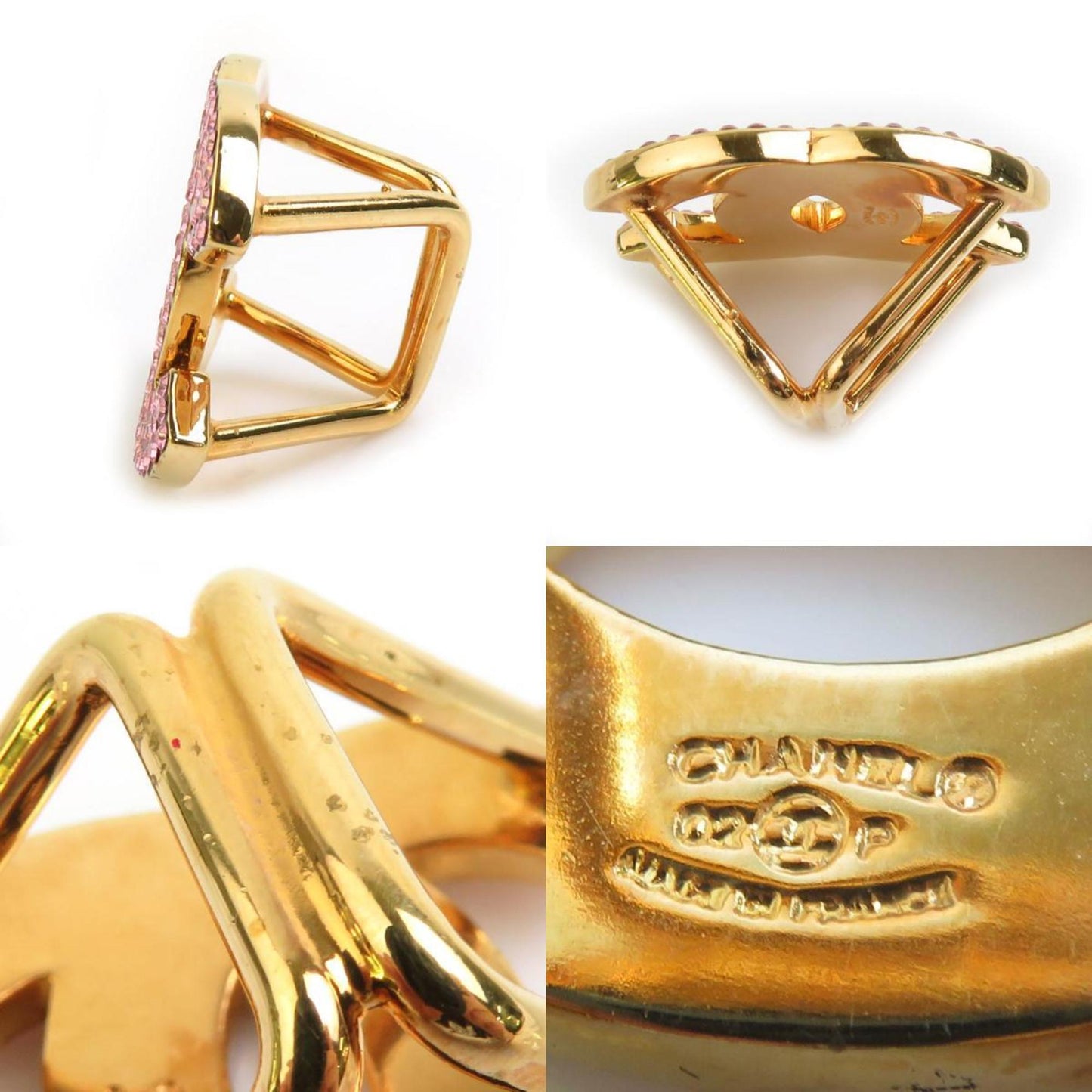 Chanel Scarf Ring Coco Mark Metal Rhinestone Gold Pink