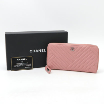 Chanel V-Stitched Coco Mark Round Long Wallet Quilted Lambskin Leather Pink A82258