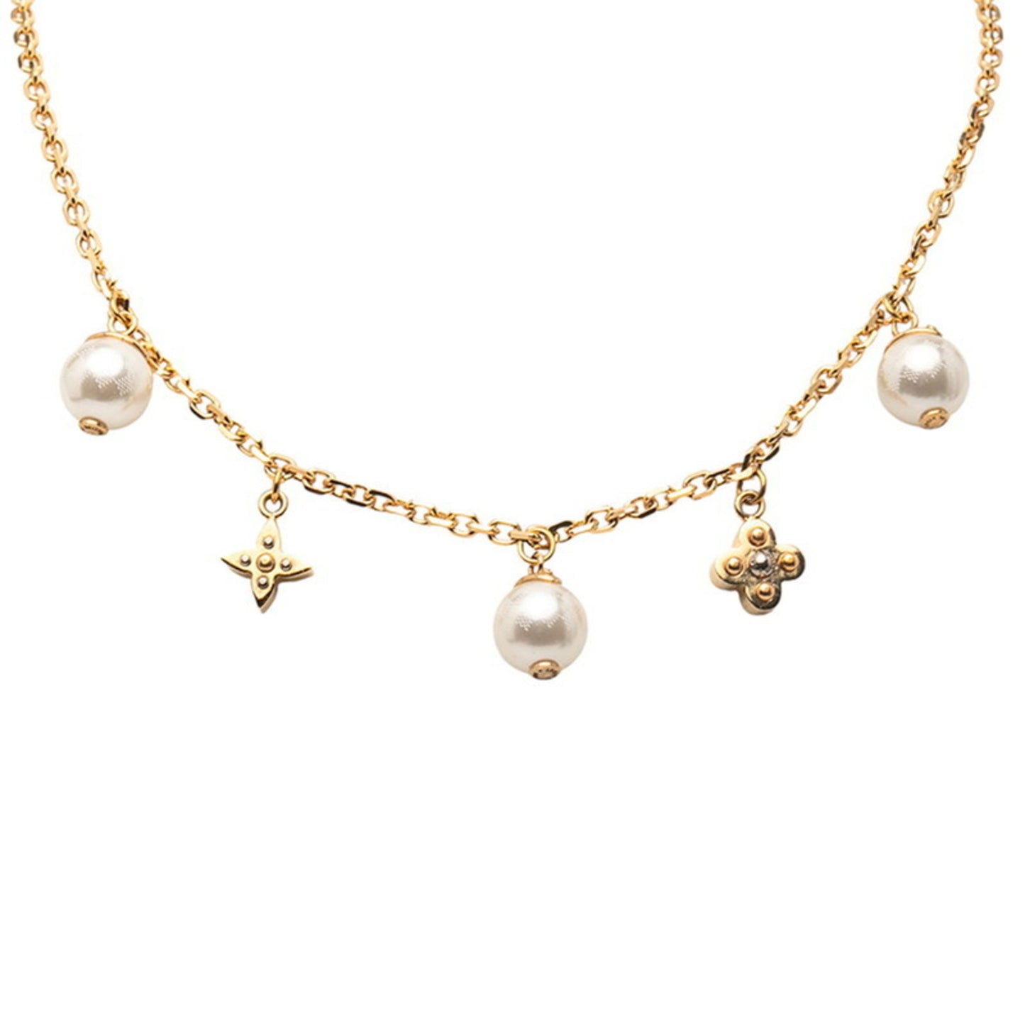 Louis Vuitton Charmy Pearl Monogram Flower Pendant Necklace M75443 Gold Plated