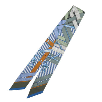 Hermes Twilly Morsa Jouets Chemise Silk Vert Amande Blue White Scarf Muffler 1267Hermes