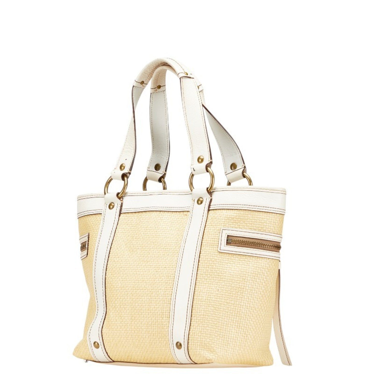 Coach Basket Bag Tote M05K-113 Beige White Straw Leather