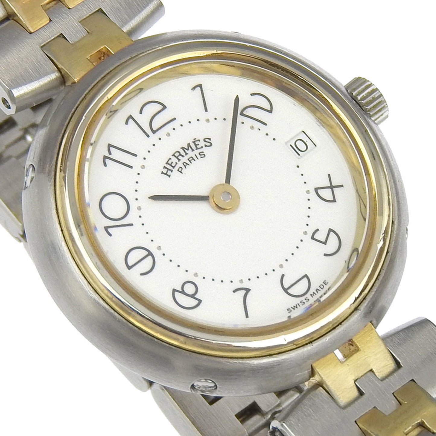 Hermes Hermes Profile Date Watch Stainless Steel X Gold Plated Quartz Analog Display White Dial