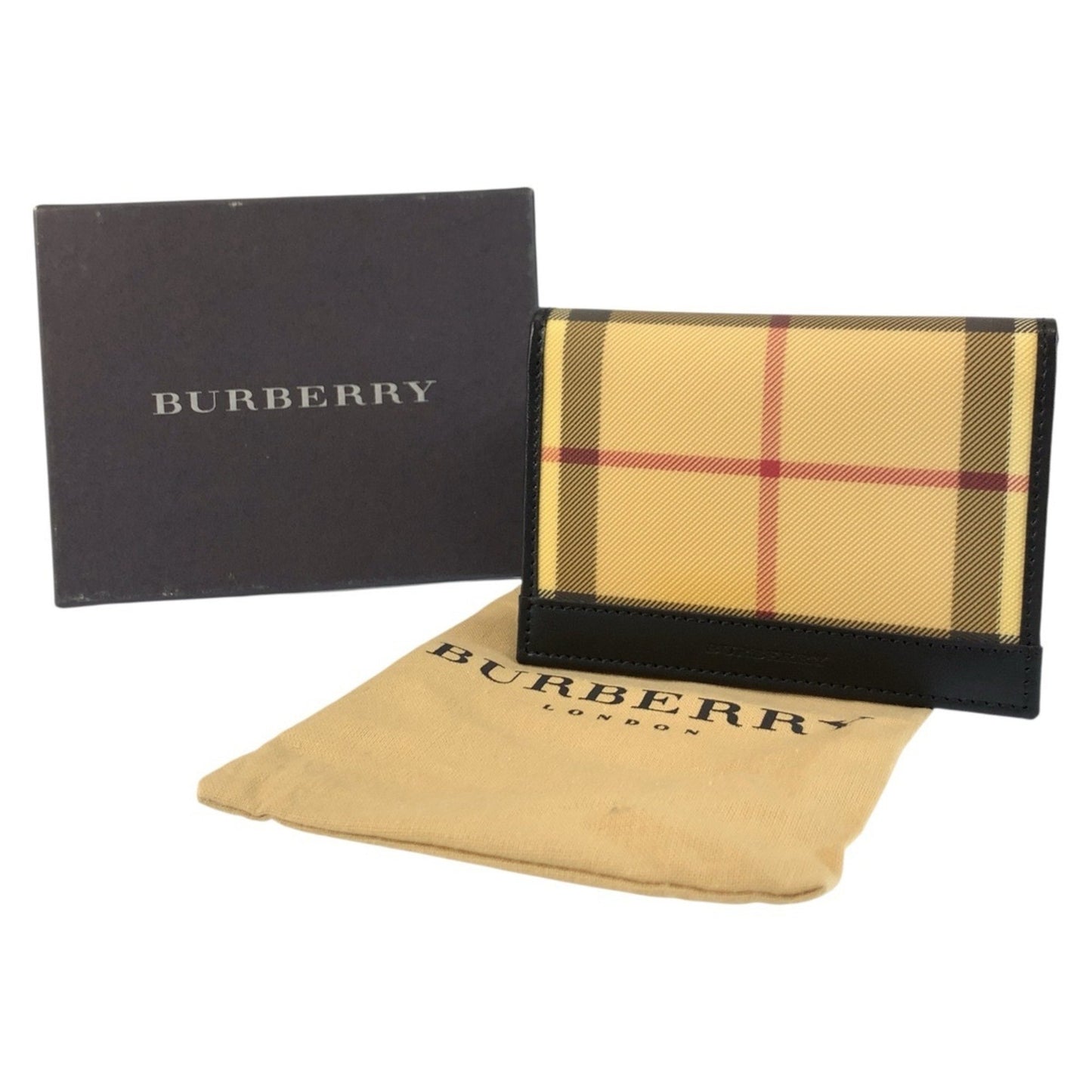 Burberry Check Pattern Beige Black Pvc Card Case Business Holder