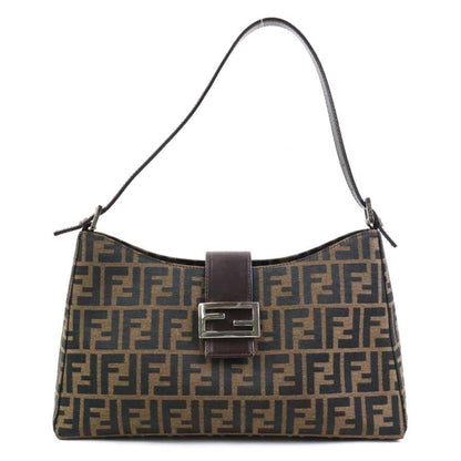 Fendi Shoulder Bag Zucca Canvas Leather Brown Silver