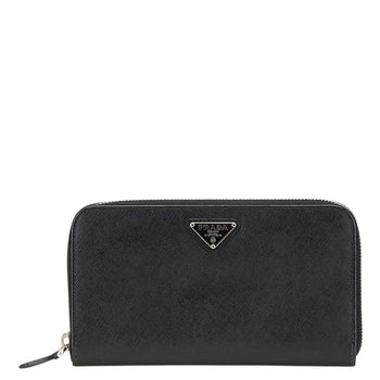 Prada Triangle Logo Plate Long Wallet Round Zipper Black Leather