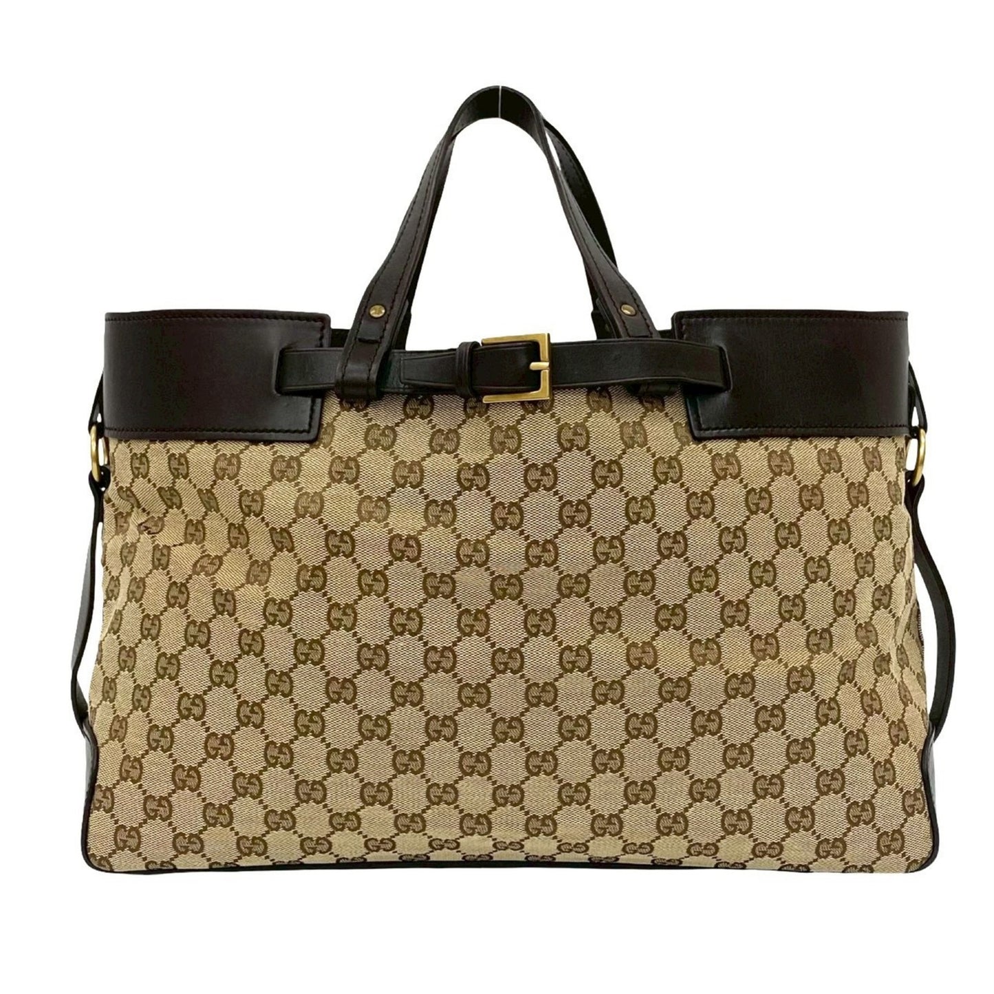 Gucci Gg Logo Belt Clasp Canvas And Leather Tote Bag