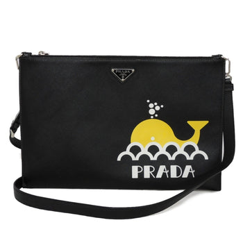 Prada Shoulder Bag Whale Print Clutch Saffiano Triangle Black 2Vh073 2Bov F0C5Z