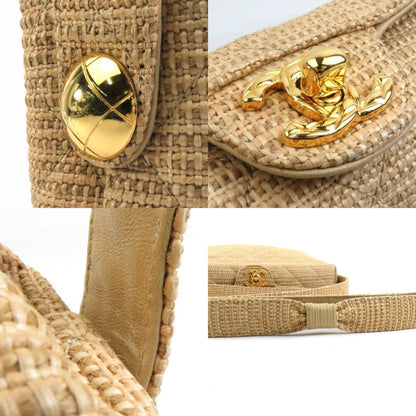 Chanel Shoulder Bag Raffia Beige Gold