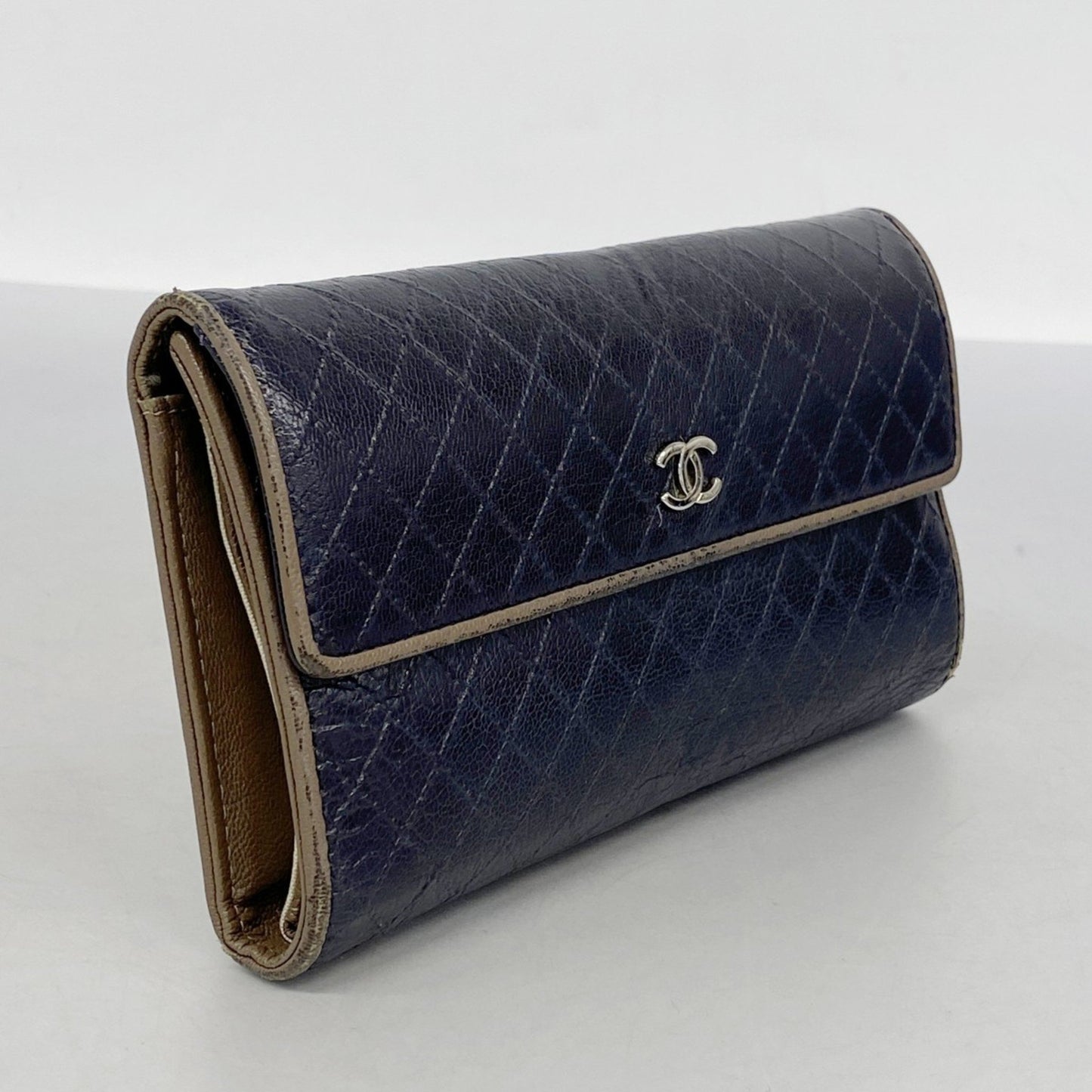 Chanel Tri-Fold Long Wallet Bicolor Leather Black Brown