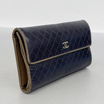 Chanel Tri-Fold Long Wallet Bicolor Leather Black Brown