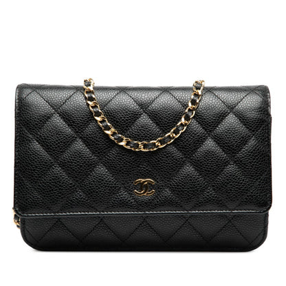 Chanel Matelasse Coco Mark Chain Shoulder Bag/Wallet Bag A33814 Black Caviar Skin