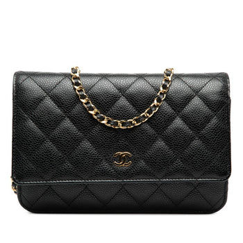 Chanel Matelasse Coco Mark Chain Shoulder Bag/Wallet Bag A33814 Black Caviar Skin