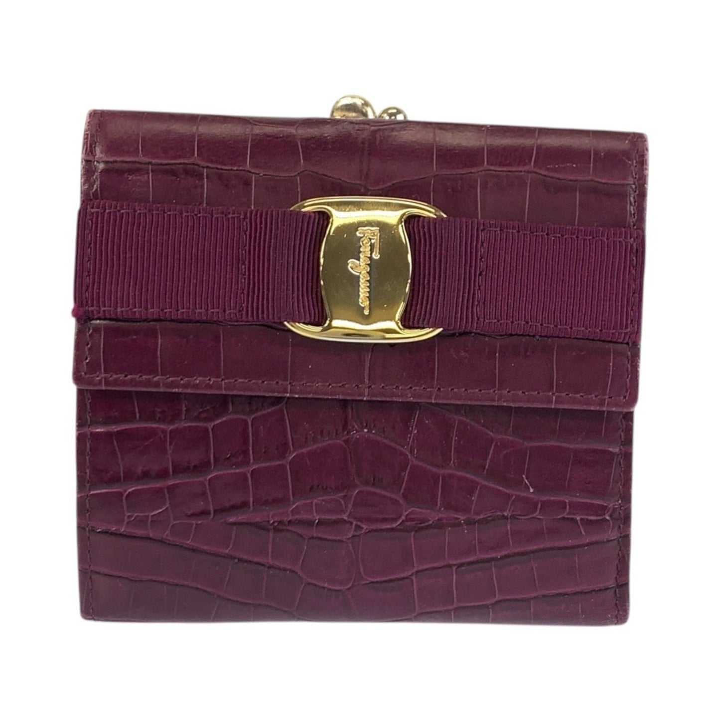 Salvatore Ferragamo Vara Embossed Wine Red Leather Wallet With Gold Hardware