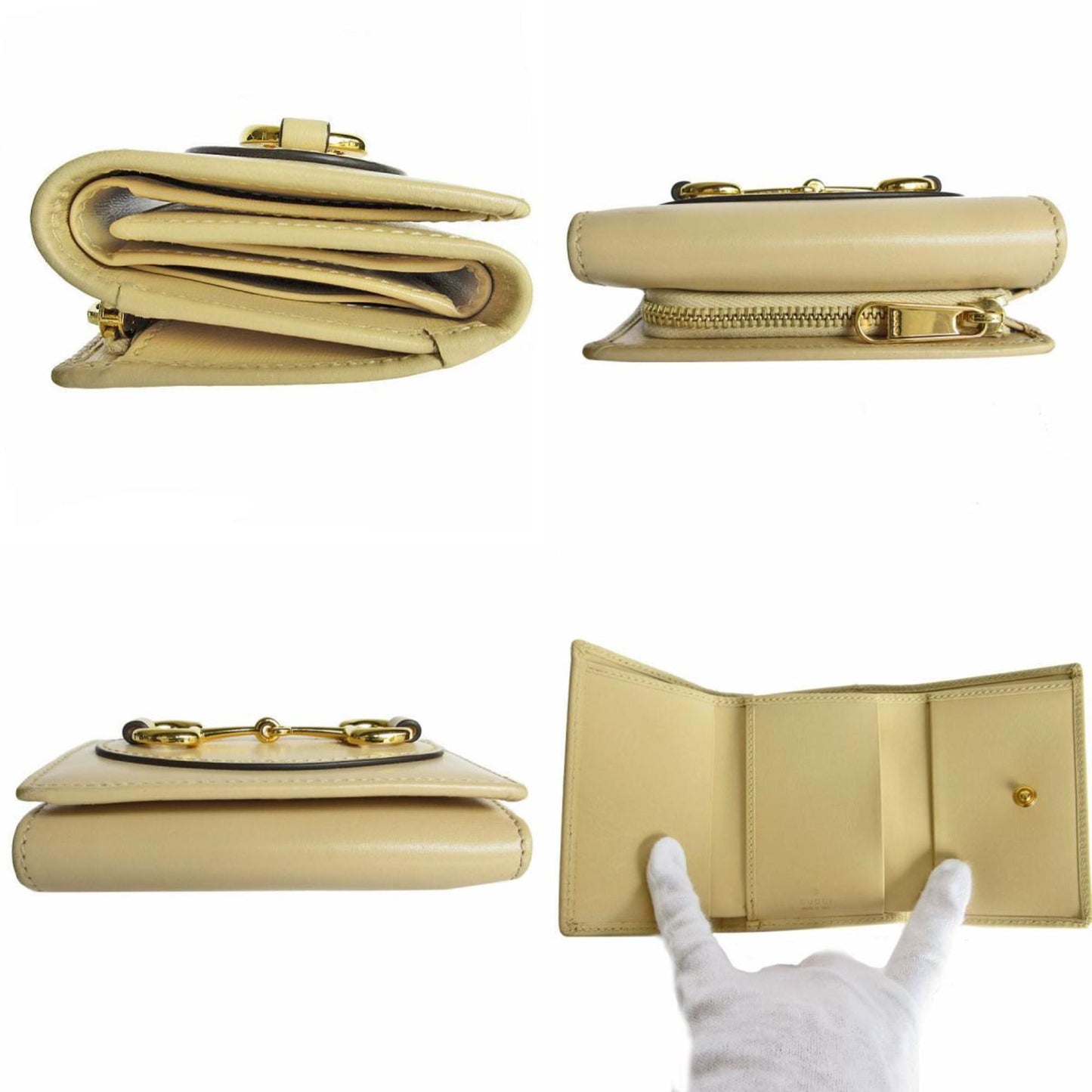 Gucci Tri-Fold Wallet Compact Horsebit Leather Beige Gold