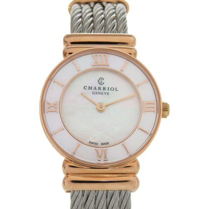 Unused Charriol Saint-Tropez 028Pi.540.556 Stainless Steel White Shell Pink Gold Dial Quartz