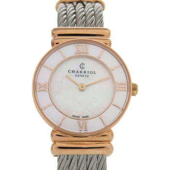 Unused Charriol Saint-Tropez 028Pi.540.556 Stainless Steel White Shell Pink Gold Dial Quartz