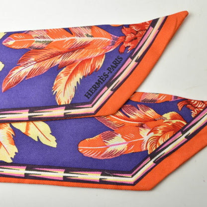 Hermes Twilly Scarf Muffler Hermes Silk Twill Feather Motif Purple Orange Multi
