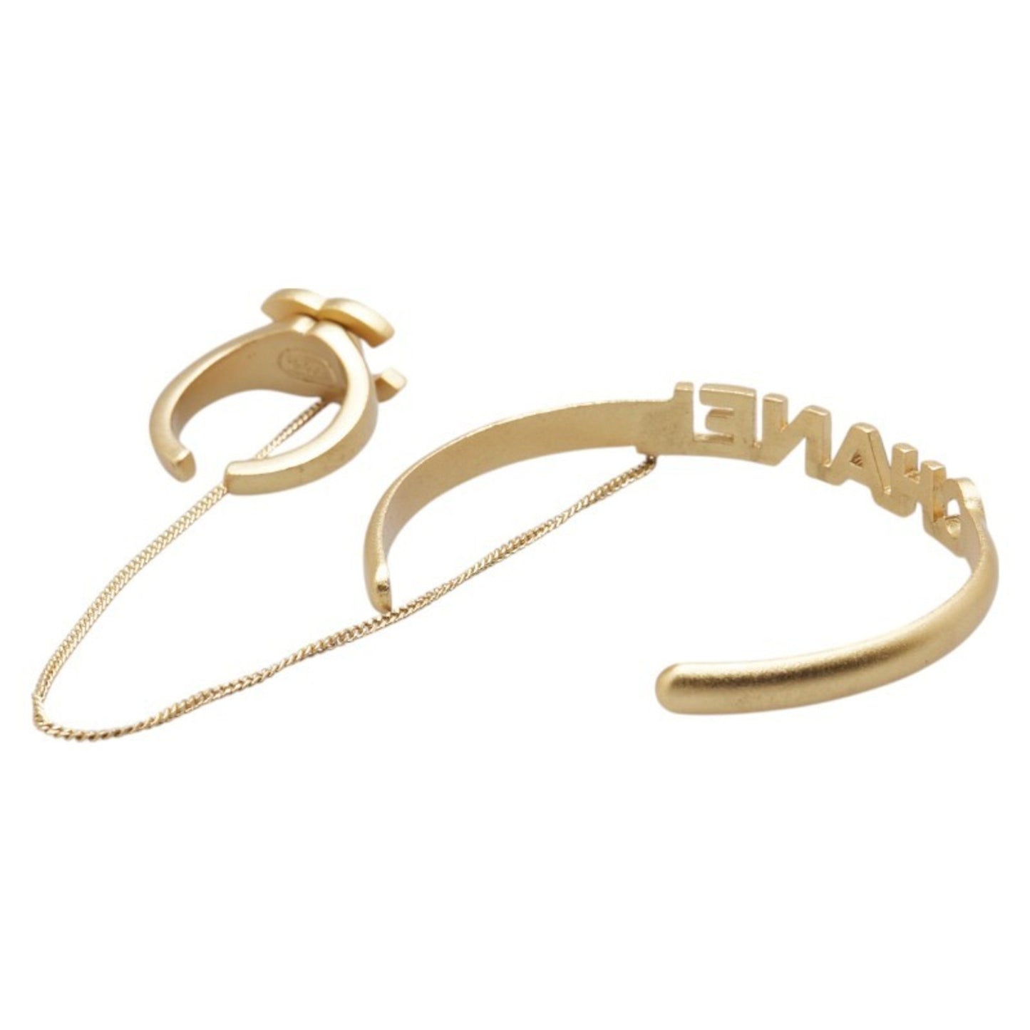 Chanel Coco Mark Logo Bangle Chain Ring Gold Plated Rhinestone