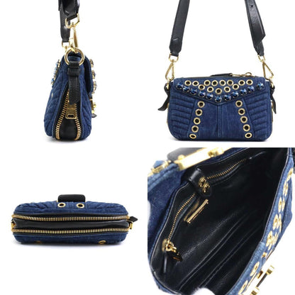 Miu Miu Miu Shoulder Bag Denim Leather Indigo Blue Black Gold