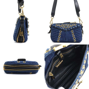 Miu Miu Miu Shoulder Bag Denim Leather Indigo Blue Black Gold