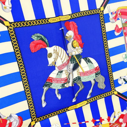 Hermes Scarf Muffler Carre 90 Silk Blue Multicolor Helmes Chocs En Plumes Feather Clash Knight